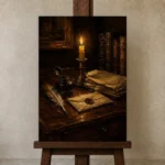 Candlelit Still Life Dark Academia Wall Art Canvas Print displayed on a studio easel