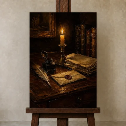 Candlelit Still Life Dark Academia Wall Art Canvas Print shown in Studio Easel