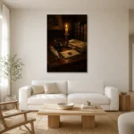 Candlelit Still Life Dark Academia Wall Art Canvas Print styled in a refined neutral interior