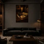 Candlelit Still Life Dark Academia Wall Art Canvas Print shown in a warm modern interior