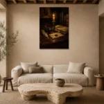 Candlelit Still Life Dark Academia Wall Art Canvas Print presented in a sophisticated home setting