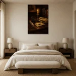 Candlelit Still Life Dark Academia Wall Art Canvas Print showcased in an elegant minimalist interior