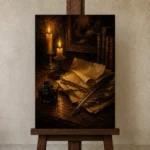Candlelit Manuscript Dark Academia Wall Art Canvas Print displayed on a studio easel