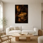Candlelit Manuscript Dark Academia Wall Art Canvas Print styled in a refined neutral interior
