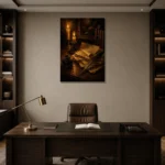 Candlelit Manuscript Dark Academia Wall Art Canvas Print displayed in a contemporary gallery-inspired room