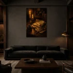 Candlelit Manuscript Dark Academia Wall Art Canvas Print shown in a warm modern interior