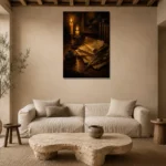 Candlelit Manuscript Dark Academia Wall Art Canvas Print presented in a sophisticated home setting