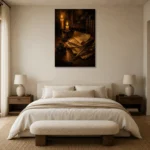 Candlelit Manuscript Dark Academia Wall Art Canvas Print showcased in an elegant minimalist interior