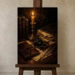 Ink Quill Desk Dark Academia Wall Art Canvas Print displayed on a studio easel