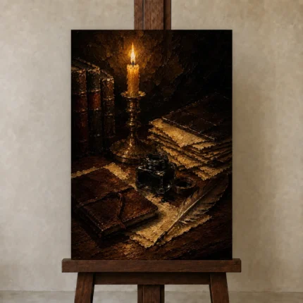 Ink Quill Desk Dark Academia Wall Art Canvas Print shown in Studio Easel