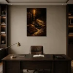 Ink Quill Desk Dark Academia Wall Art Canvas Print displayed in a contemporary gallery-inspired room