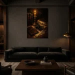 Ink Quill Desk Dark Academia Wall Art Canvas Print shown in a warm modern interior