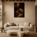 Ink Quill Desk Dark Academia Wall Art Canvas Print presented in a sophisticated home setting
