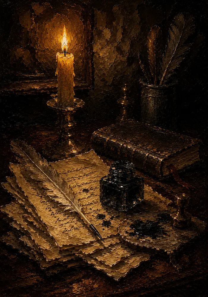 Feather Quill Still Life Dark Academia Wall Art Canvas Print
