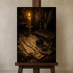 Feather Quill Still Life Dark Academia Wall Art Canvas Print displayed on a studio easel