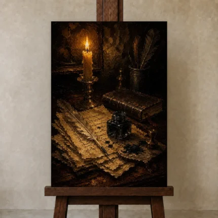 Feather Quill Still Life Dark Academia Wall Art Canvas Print shown in Studio Easel