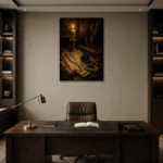 Feather Quill Still Life Dark Academia Wall Art Canvas Print displayed in a contemporary gallery-inspired room