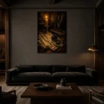 Feather Quill Still Life Dark Academia Wall Art Canvas Print shown in a warm modern interior