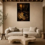 Feather Quill Still Life Dark Academia Wall Art Canvas Print presented in a sophisticated home setting