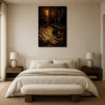 Feather Quill Still Life Dark Academia Wall Art Canvas Print showcased in an elegant minimalist interior