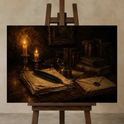 Sealed Letter Desk Dark Academia Wall Art Canvas Print displayed on a studio easel