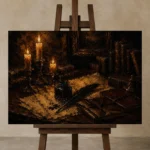 Triple Candle Quill Dark Academia Wall Art Canvas Print displayed on a studio easel