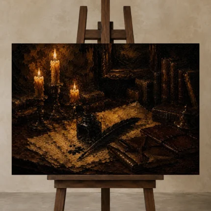 Triple Candle Quill Dark Academia Wall Art Canvas Print displayed on a studio easel
