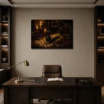 Triple Candle Quill Dark Academia Wall Art Canvas Print displayed in a contemporary gallery-inspired room