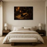 Triple Candle Quill Dark Academia Wall Art Canvas Print showcased in an elegant minimalist interior
