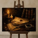 Wax Sealed Correspondence Dark Academia Wall Art Canvas Print displayed on a studio easel