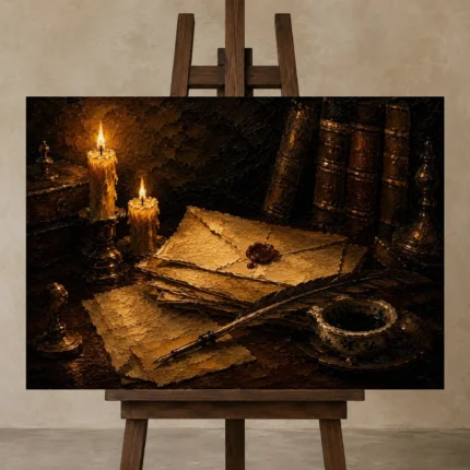 Wax Sealed Correspondence Dark Academia Wall Art Canvas Print displayed on a studio easel