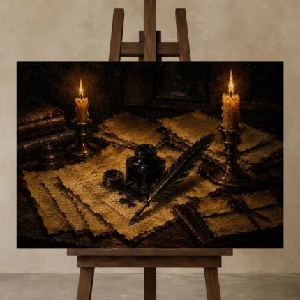 Twin Candle Ink Desk Dark Academia Wall Art Canvas Print displayed on a studio easel