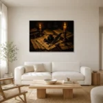 Twin Candle Ink Desk Dark Academia Wall Art Canvas Print styled in a refined neutral interior