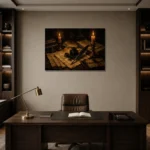 Twin Candle Ink Desk Dark Academia Wall Art Canvas Print displayed in a contemporary gallery-inspired room