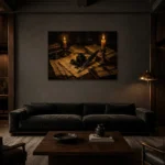 Twin Candle Ink Desk Dark Academia Wall Art Canvas Print shown in a warm modern interior