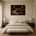 Twin Candle Ink Desk Dark Academia Wall Art Canvas Print showcased in an elegant minimalist interior