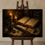Open Book Study Dark Academia Wall Art Canvas Print displayed on a studio easel