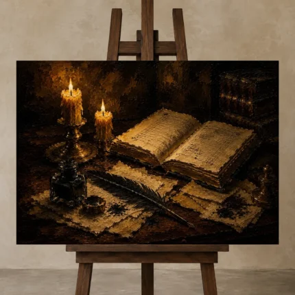 Open Book Study Dark Academia Wall Art Canvas Print displayed on a studio easel