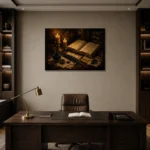 Open Book Study Dark Academia Wall Art Canvas Print displayed in a contemporary gallery-inspired room
