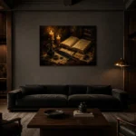 Open Book Study Dark Academia Wall Art Canvas Print shown in a warm modern interior
