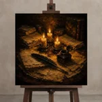 Three Candle Manuscript Dark Academia Wall Art Canvas Print displayed on a studio easel