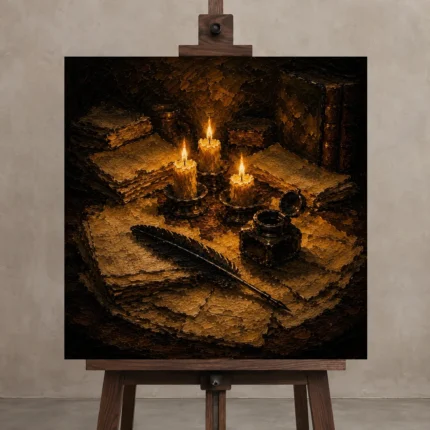 Three Candle Manuscript Dark Academia Wall Art Canvas Print displayed on a studio easel