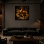 Three Candle Manuscript Dark Academia Wall Art Canvas Print shown in a warm modern interior