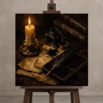 Candlelit Ink Bottle Dark Academia Wall Art Canvas Print displayed on a studio easel