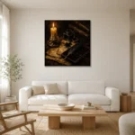 Candlelit Ink Bottle Dark Academia Wall Art Canvas Print styled in a refined neutral interior