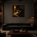 Candlelit Ink Bottle Dark Academia Wall Art Canvas Print shown in a warm modern interior