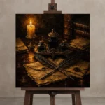 Crossed Quills Ink Set Dark Academia Wall Art Canvas Print displayed on a studio easel