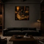 Crossed Quills Ink Set Dark Academia Wall Art Canvas Print shown in a warm modern interior