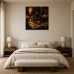 Crossed Quills Ink Set Dark Academia Wall Art Canvas Print showcased in an elegant minimalist interior