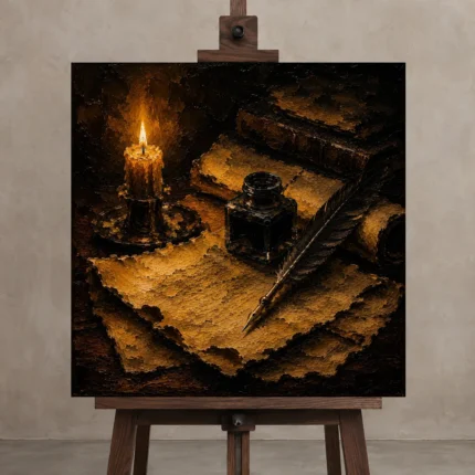 Candlelit Parchment Quill Dark Academia Wall Art Canvas Print shown in Studio Easel